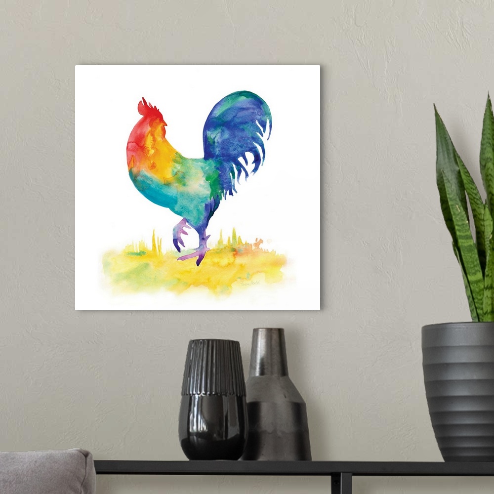 A modern room featuring Square watercolor painting of a rooster using all of the colors of the rainbow.