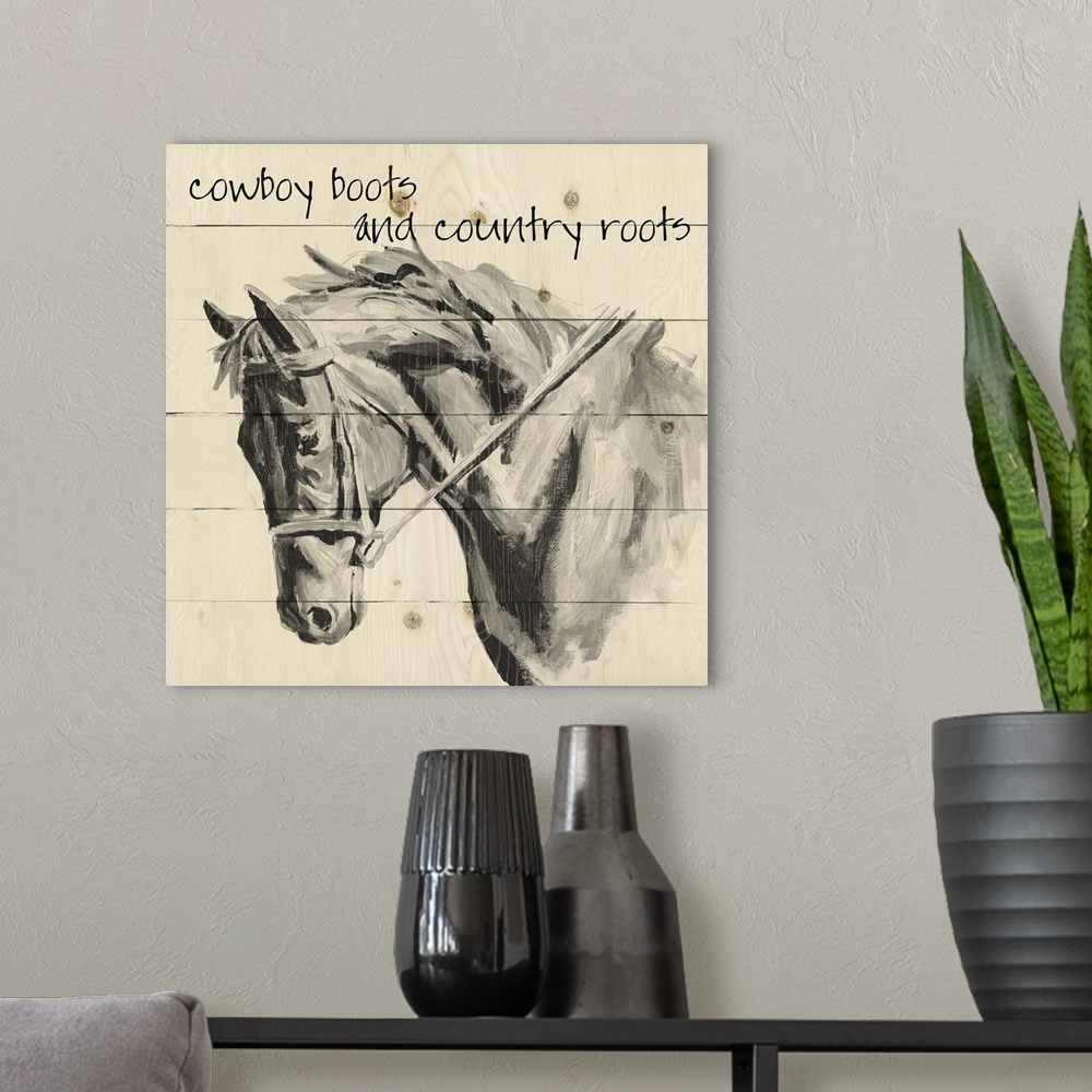 A modern room featuring 'Cowboy Boots and Country Roots' written on a faux wood background with an illustration of a horse.
