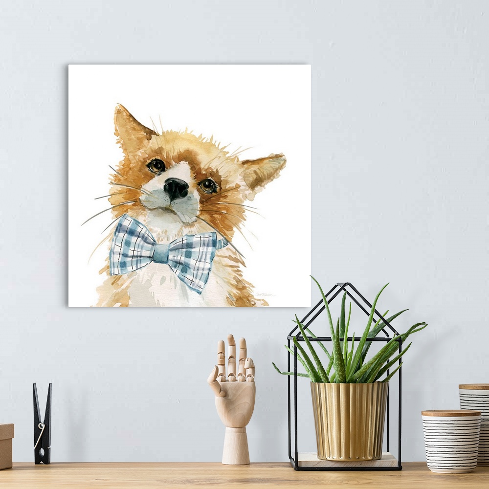 A bohemian room featuring Watercolor painting of a fox wearing a blue plaid bow-tie on a white square background.