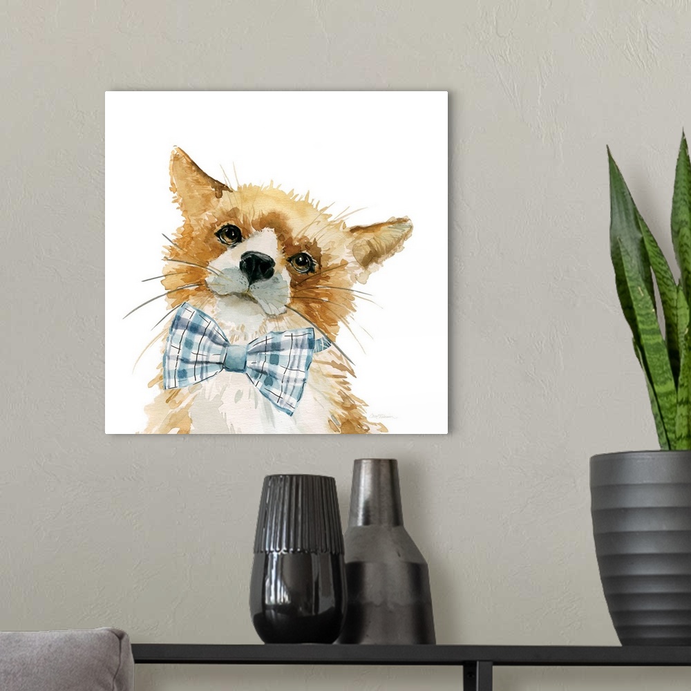 A modern room featuring Watercolor painting of a fox wearing a blue plaid bow-tie on a white square background.