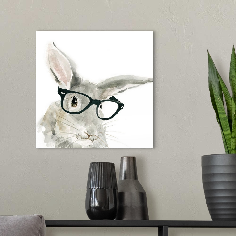 A modern room featuring Watercolor painting of a gray rabbit wearing big black rimmed glasses on a white square background.