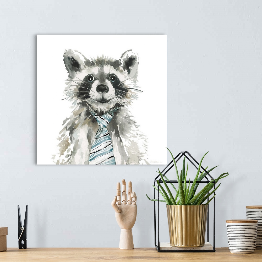 A bohemian room featuring Watercolor painting of a raccoon wearing a a blue, white, and black striped tie on a white square...