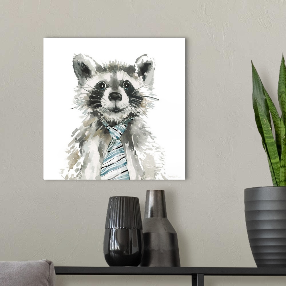 A modern room featuring Watercolor painting of a raccoon wearing a a blue, white, and black striped tie on a white square...