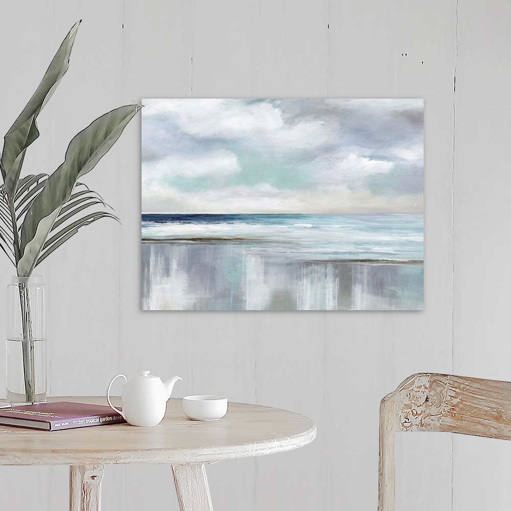 A farmhouse room featuring Abstract landscape painting of an ocean with fluffy clouds in the sky using various blues, grays ...