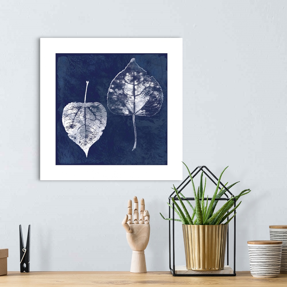 A bohemian room featuring Square cyanotype of white silhouetted leaves on an indigo background with a white boarder.