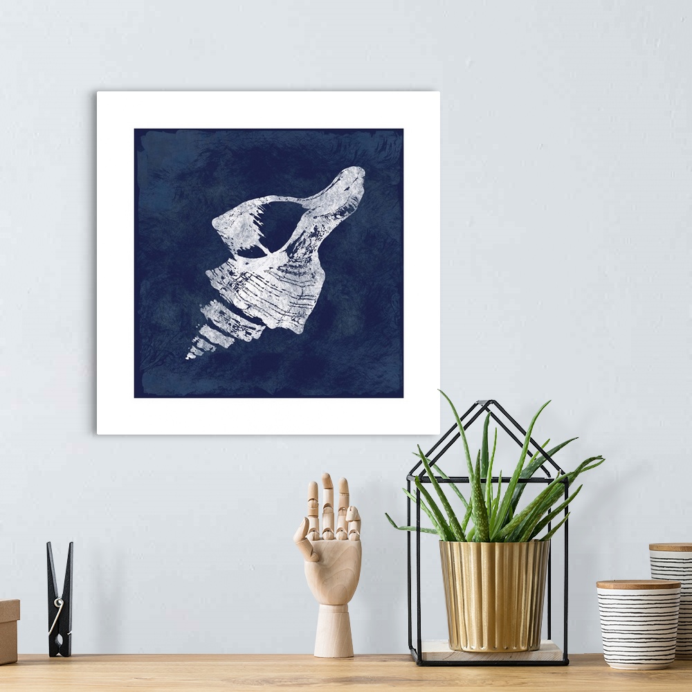 A bohemian room featuring Square cyanotype of a white silhouetted seashell on an indigo background with a white boarder.