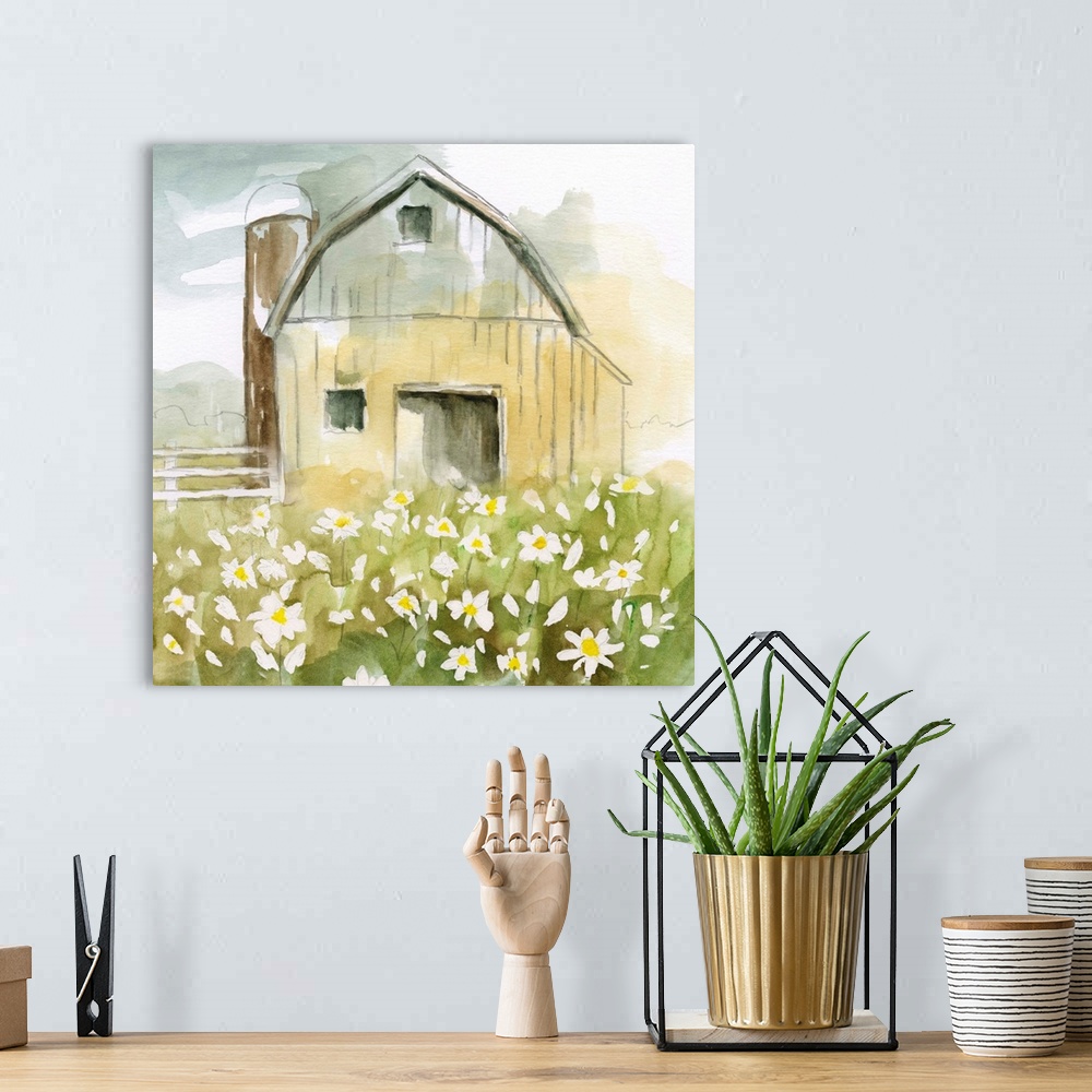 A bohemian room featuring A watercolor painting of charming barn surrounded by white daises.