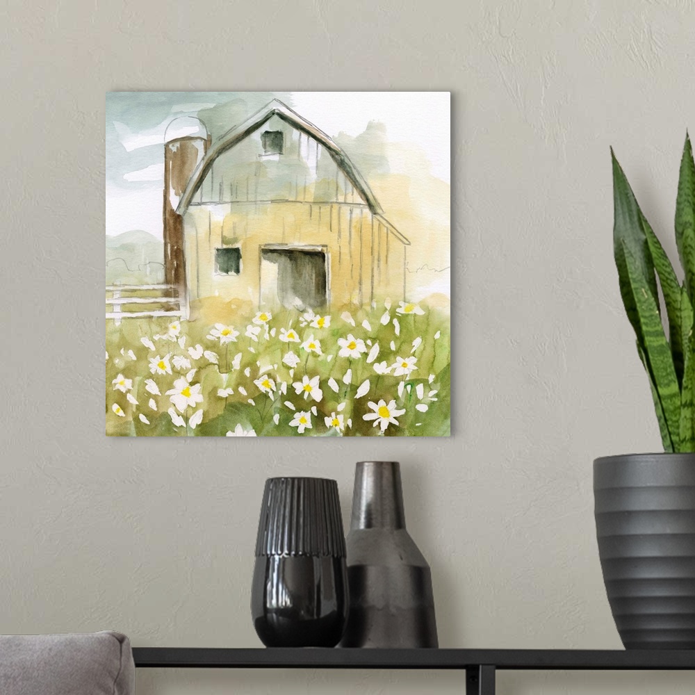 A modern room featuring A watercolor painting of charming barn surrounded by white daises.