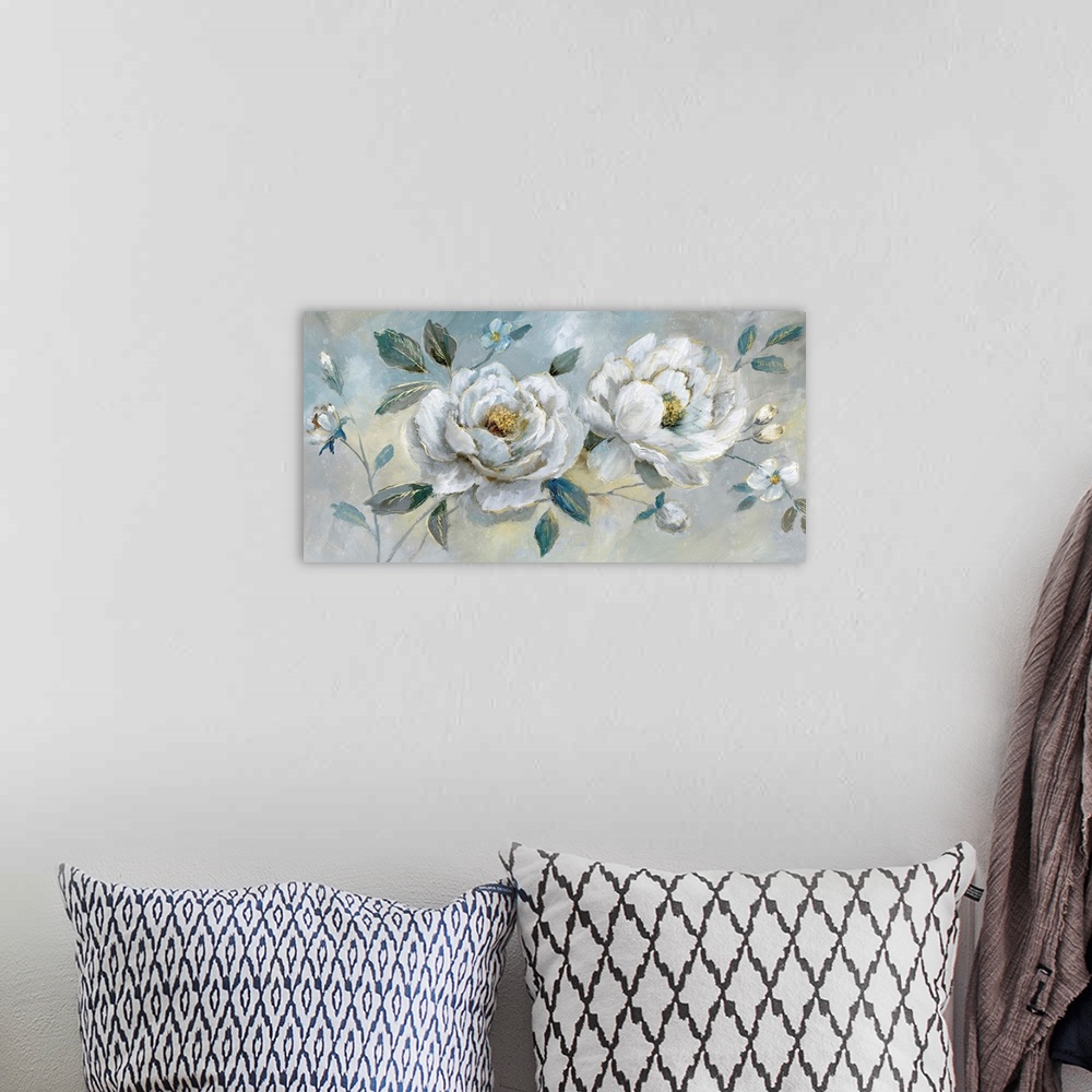 A bohemian room featuring Large horizontal painting of white flowers with gold outlines on a blue, yellow, and gray backgro...