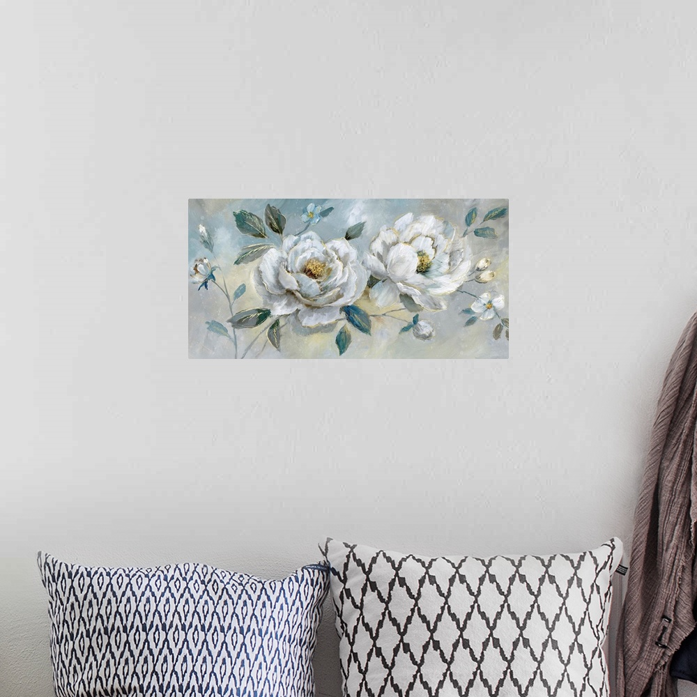 A bohemian room featuring Large horizontal painting of white flowers with gold outlines on a blue, yellow, and gray backgro...