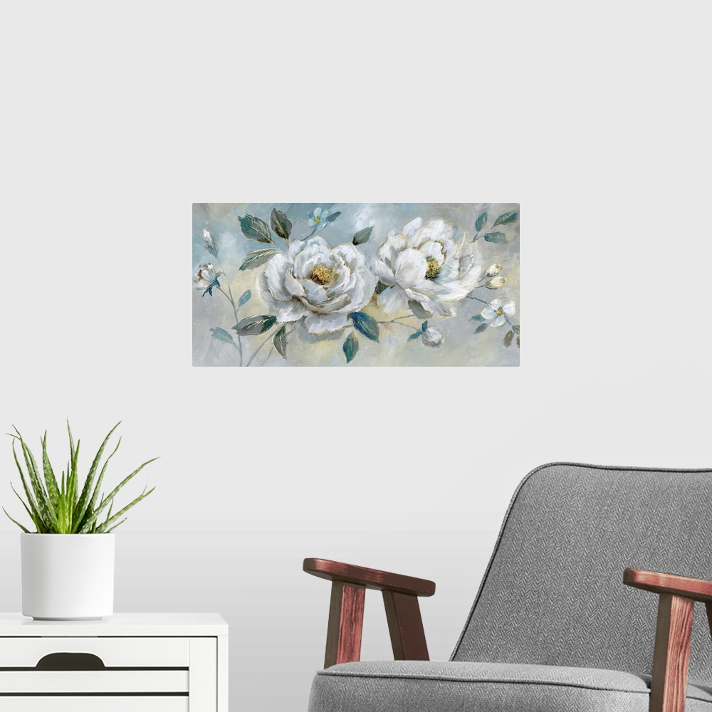 A modern room featuring Large horizontal painting of white flowers with gold outlines on a blue, yellow, and gray backgro...