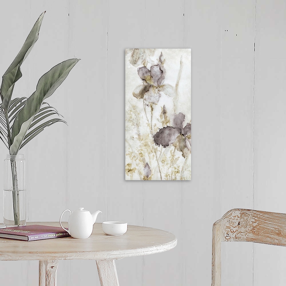 A farmhouse room featuring Droplets and splattered paint in subdued colors create this contemporary artwork of iris flowers.