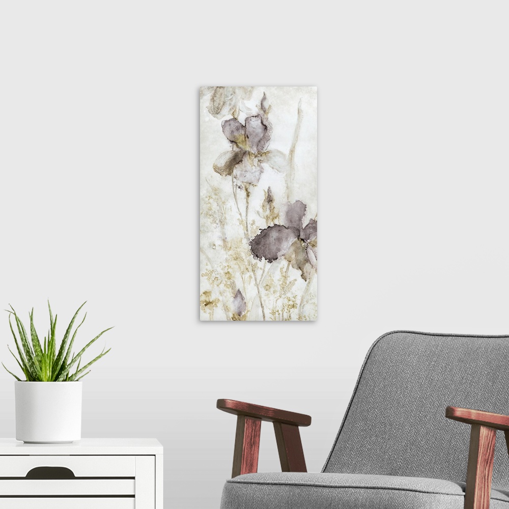 A modern room featuring Droplets and splattered paint in subdued colors create this contemporary artwork of iris flowers.
