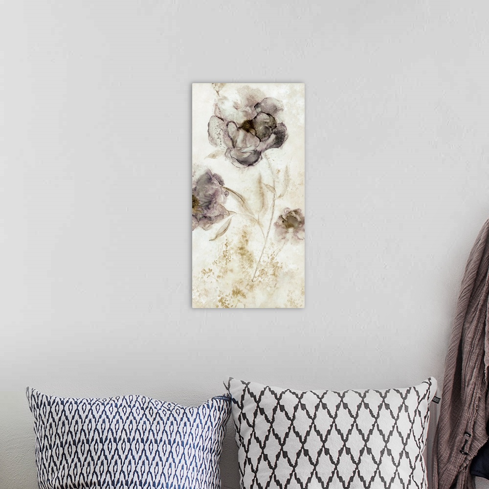 A bohemian room featuring Droplets and splattered paint in subdued colors create this contemporary artwork of peony flowers.