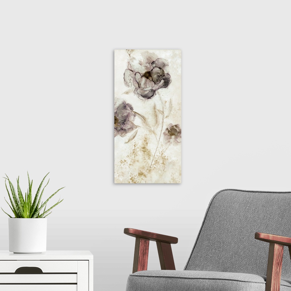 A modern room featuring Droplets and splattered paint in subdued colors create this contemporary artwork of peony flowers.