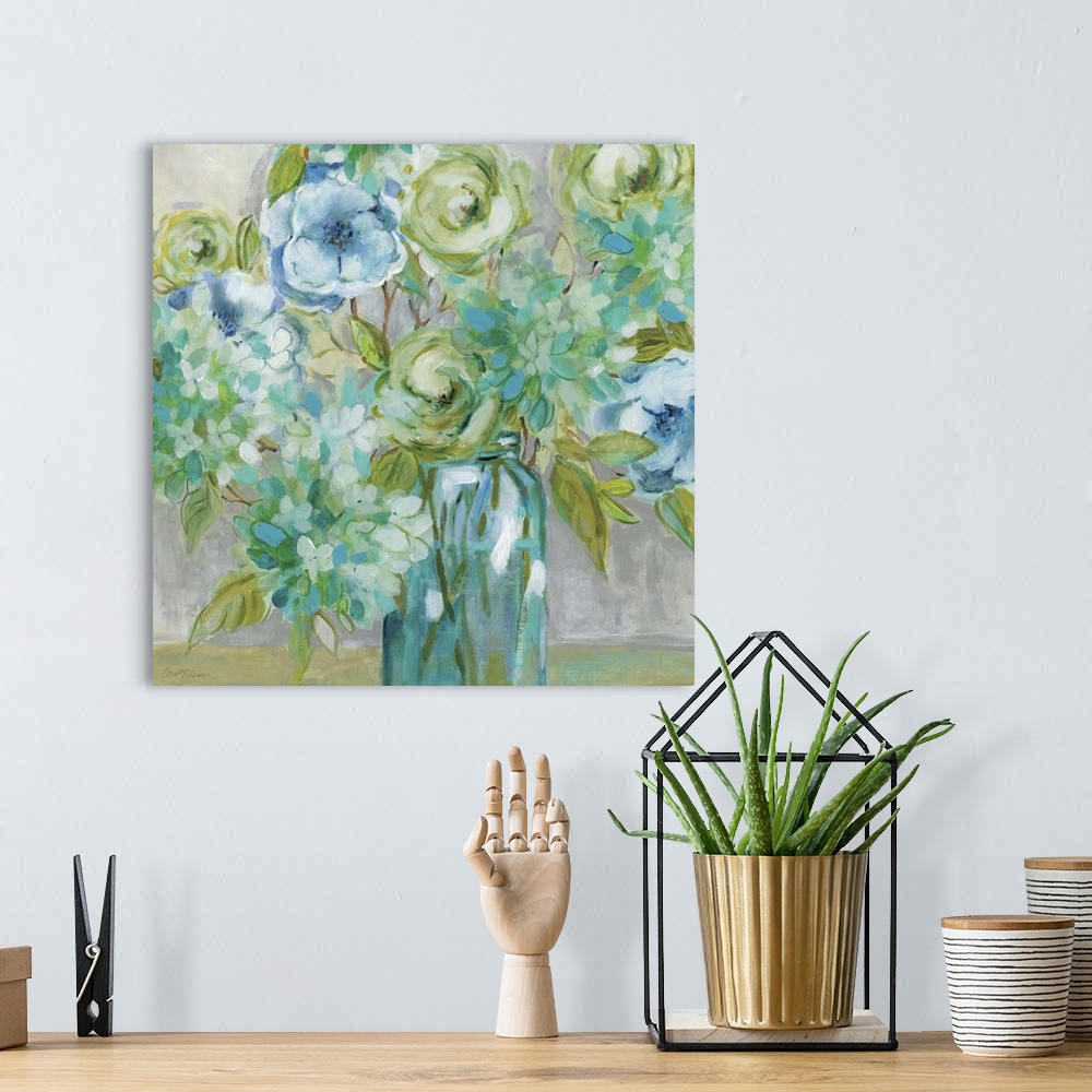 A bohemian room featuring Contemporary artwork of a bouquet of flowers in a glass vase.