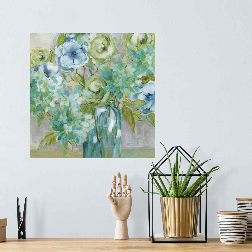 A bohemian room featuring Contemporary artwork of a bouquet of flowers in a glass vase.