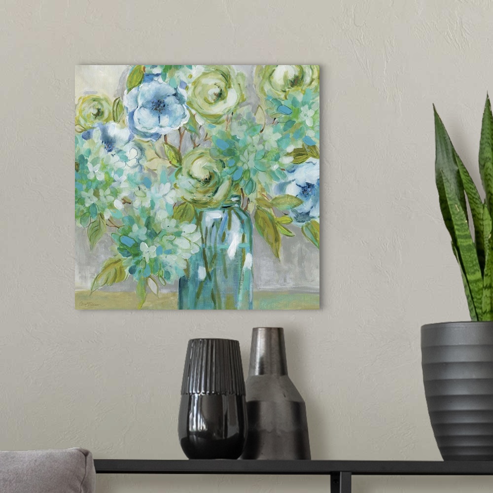 A modern room featuring Contemporary artwork of a bouquet of flowers in a glass vase.