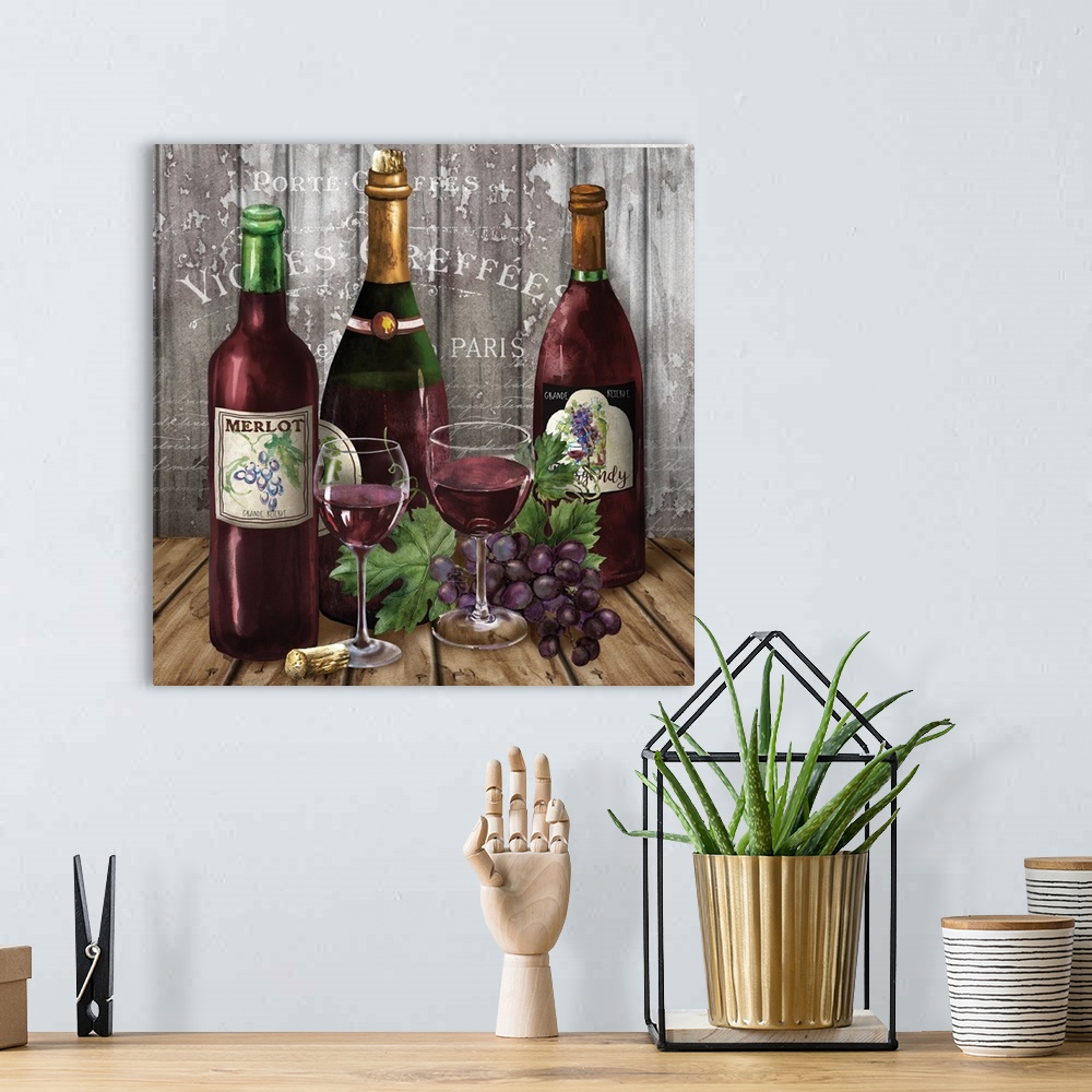 A bohemian room featuring Still life painting of three bottles of red wine with glasses and grapes on a wooden table.