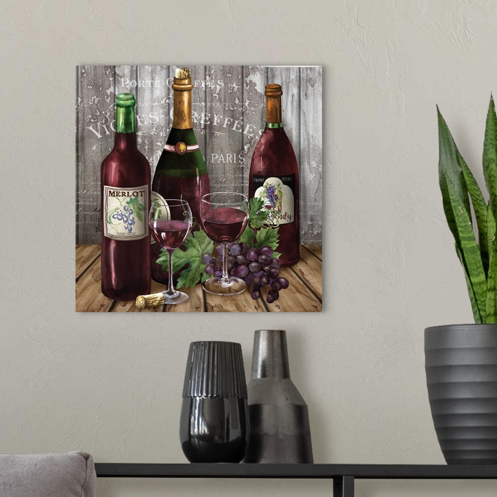 A modern room featuring Still life painting of three bottles of red wine with glasses and grapes on a wooden table.