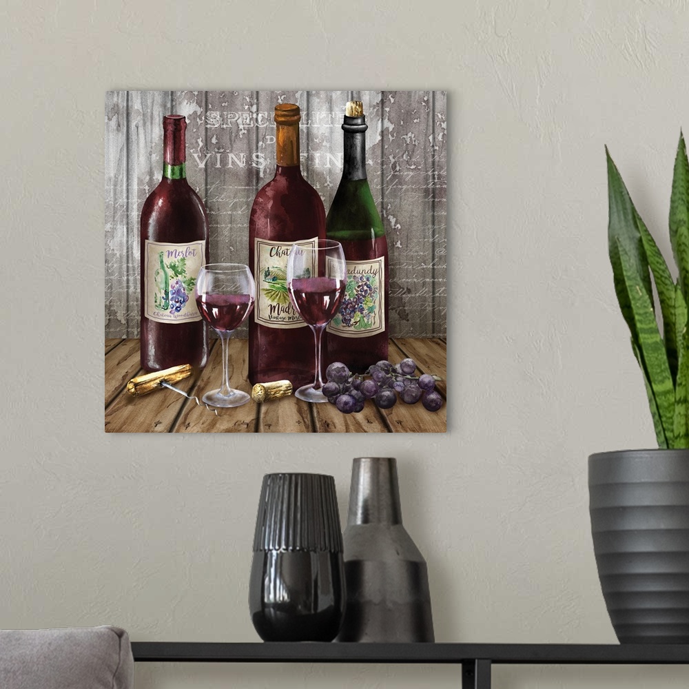 A modern room featuring Still life painting of three bottles of red wine with glasses and grapes on a wooden table.