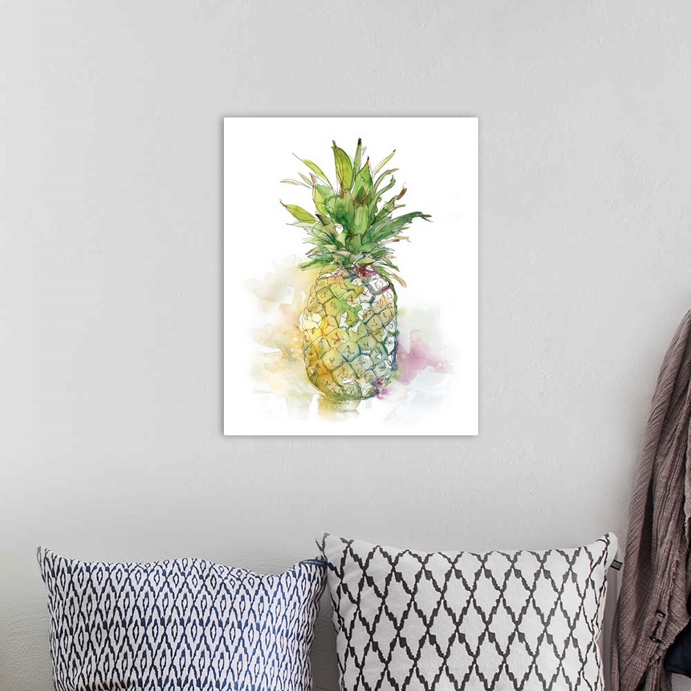 A bohemian room featuring Cool toned watercolor painting of a pineapple.