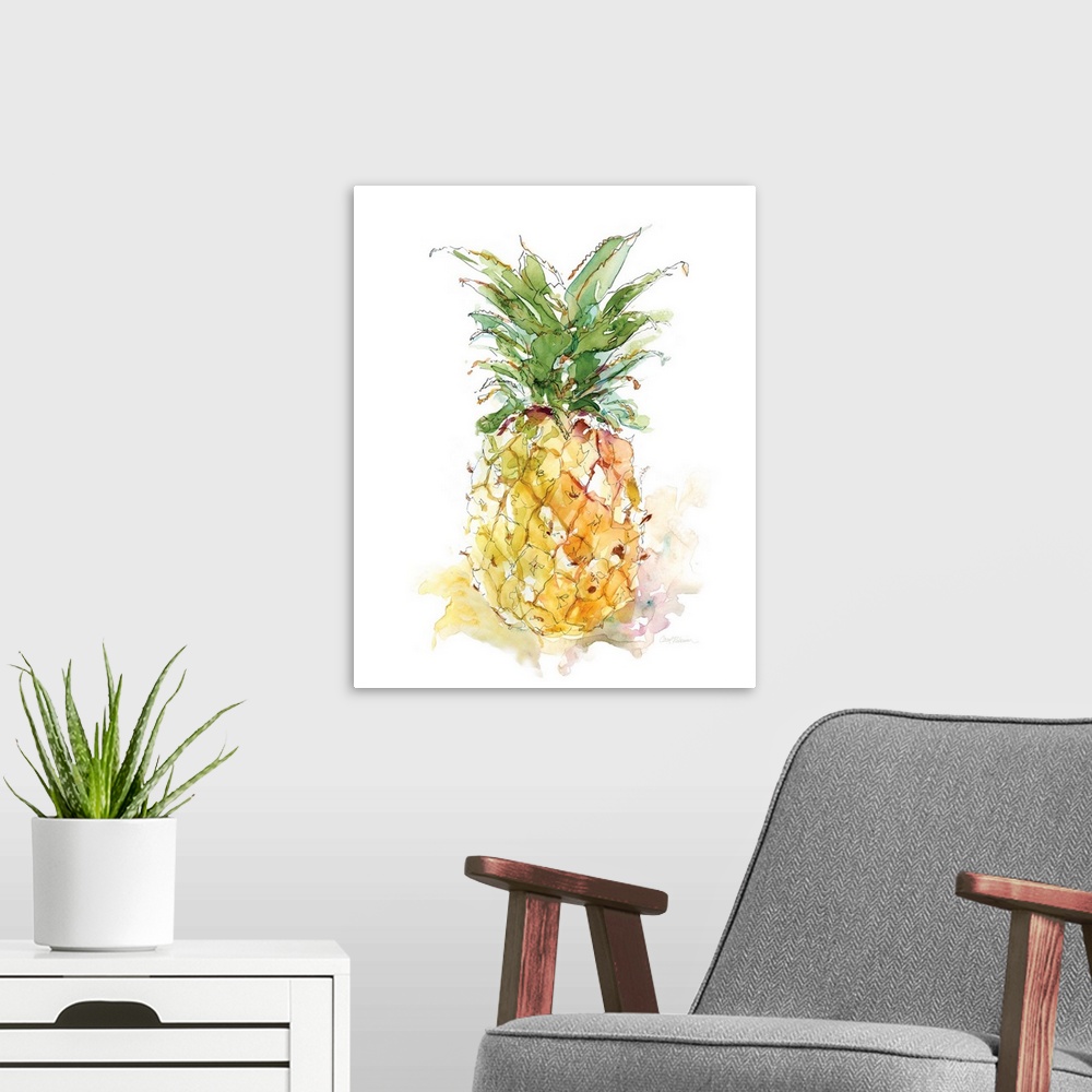 A modern room featuring Warm toned watercolor painting of a pineapple.