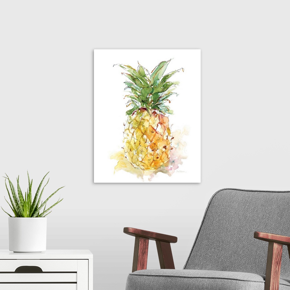 A modern room featuring Watercolor painting of a pineapple on a white background.