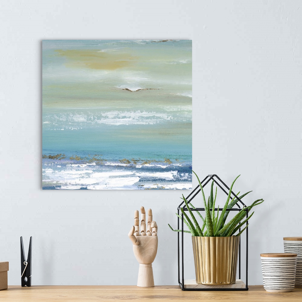 A bohemian room featuring A contemporary abstract painting resembling the horizon dividing the ocean and sky.