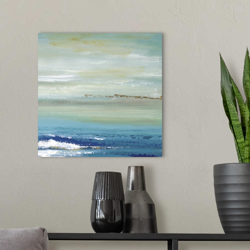 A modern room featuring A contemporary abstract painting resembling the horizon dividing the ocean and sky.