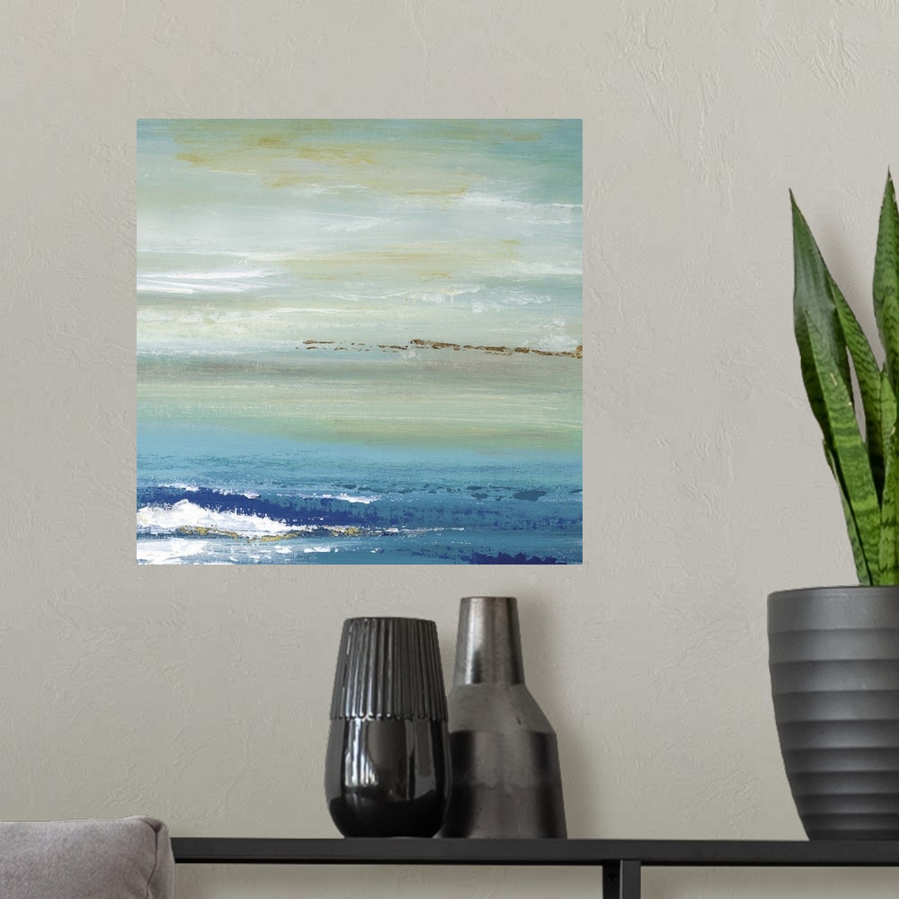 A modern room featuring A contemporary abstract painting resembling the horizon dividing the ocean and sky.