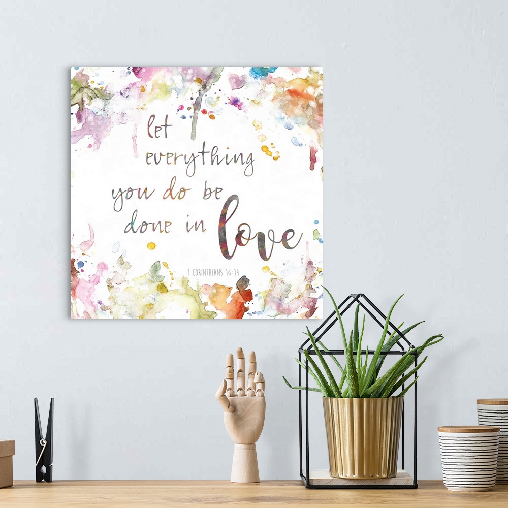 A bohemian room featuring "Let everything you do be done in love, 1 Corinthians 16:14" placed on a white background decorat...