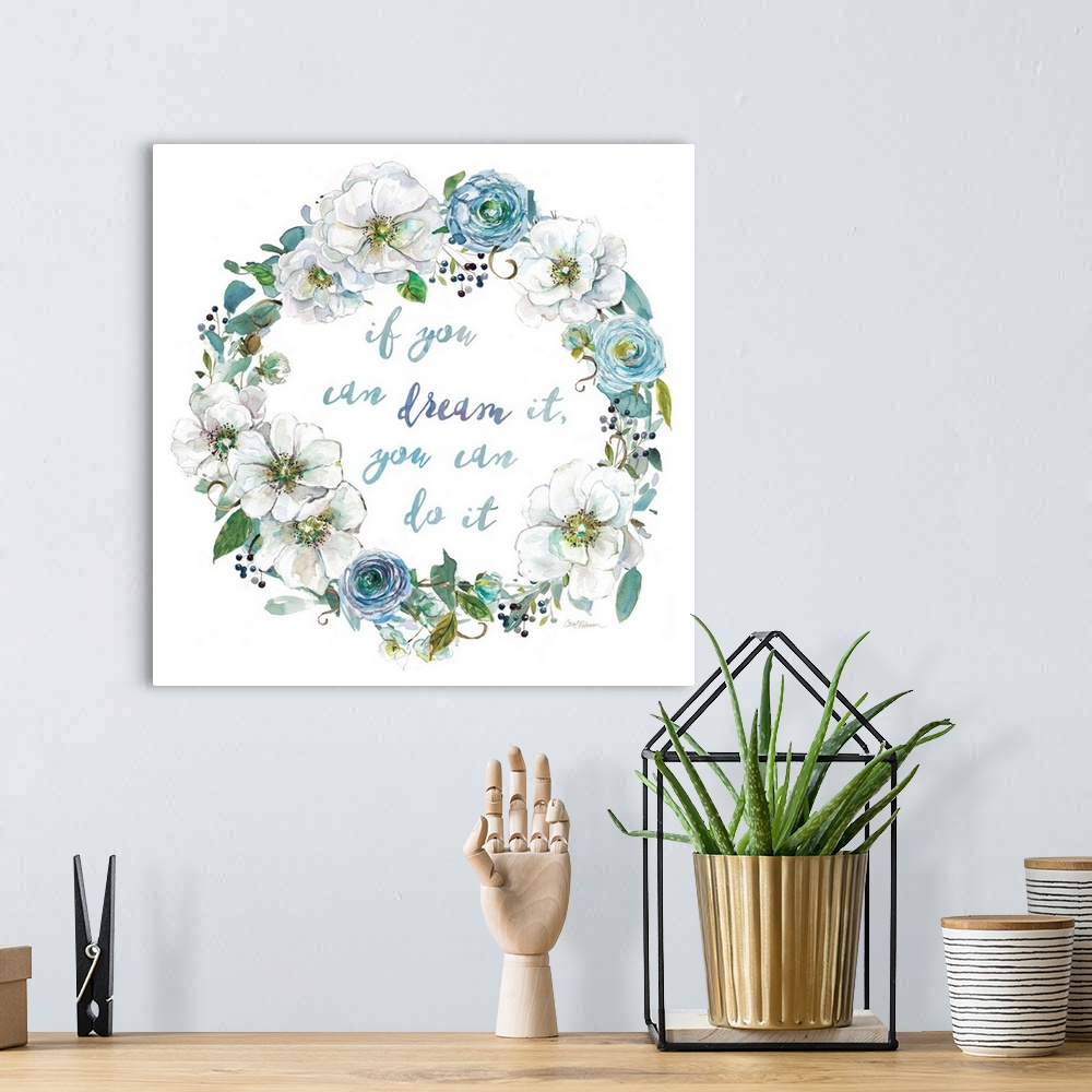 A bohemian room featuring Watercolor wreath of flowers around an inspirational sentiment.
