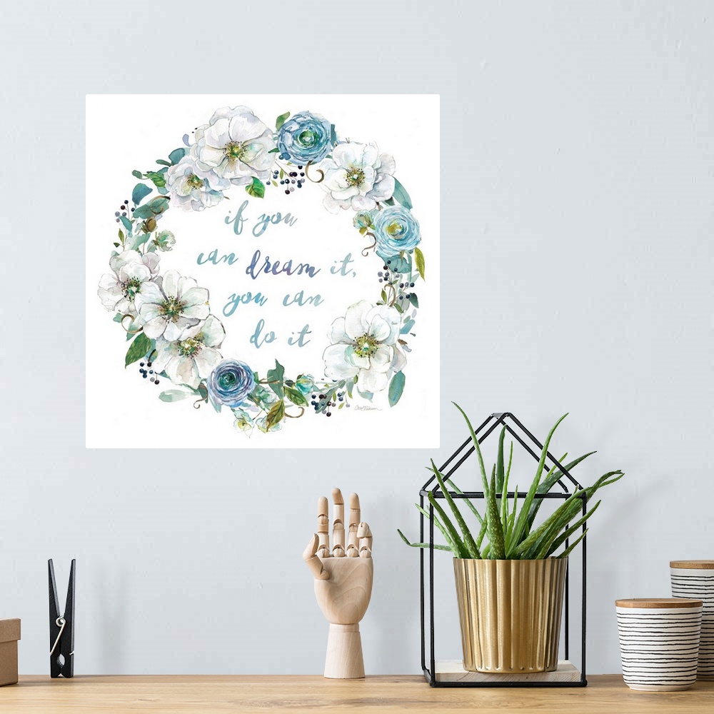 A bohemian room featuring Watercolor wreath of flowers around an inspirational sentiment.