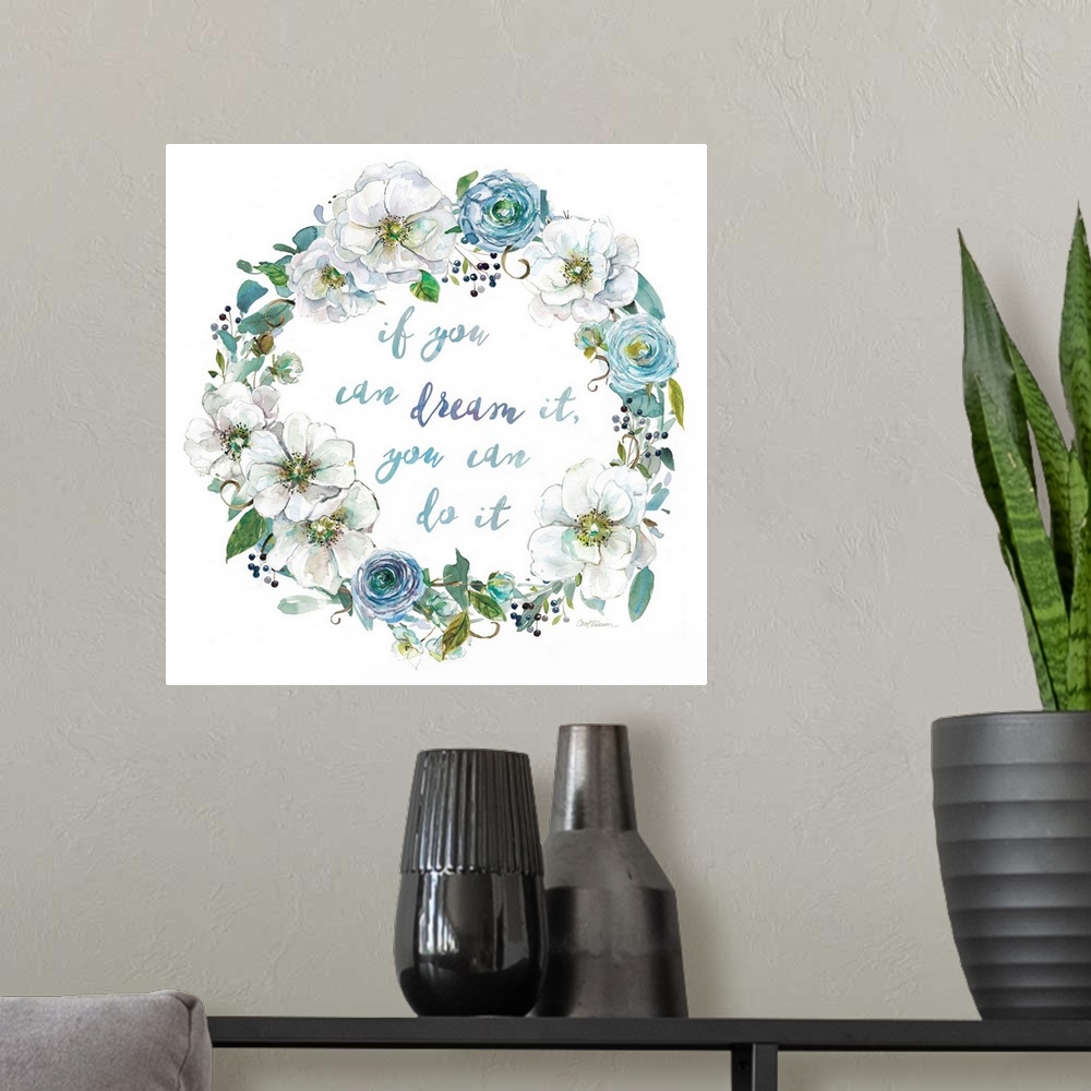 A modern room featuring Watercolor wreath of flowers around an inspirational sentiment.
