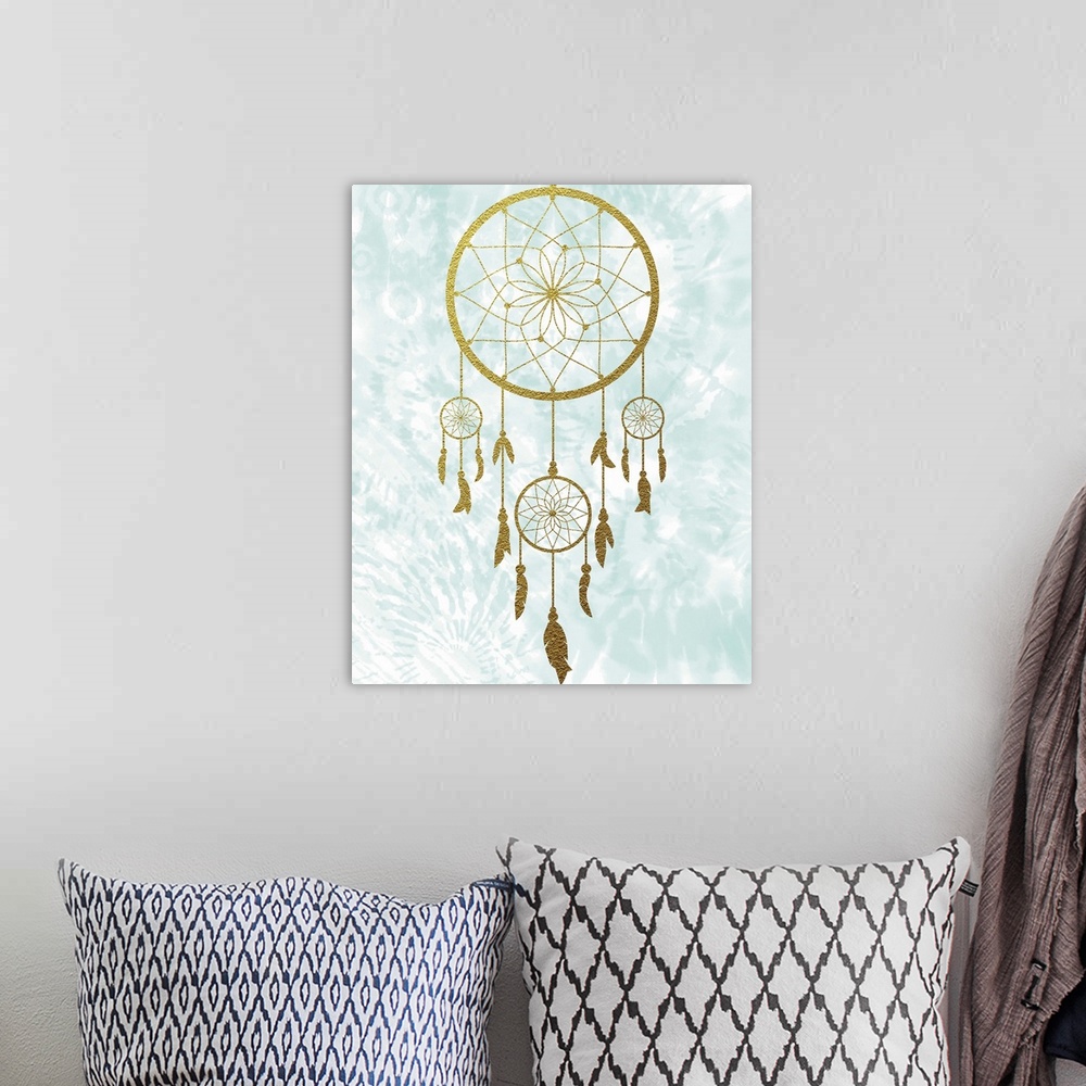A bohemian room featuring Graphic illustration of a gold dreamcatcher with feathers dangling from it on a light blue and wh...