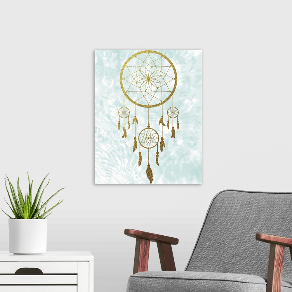 A modern room featuring Graphic illustration of a gold dreamcatcher with feathers dangling from it on a light blue and wh...