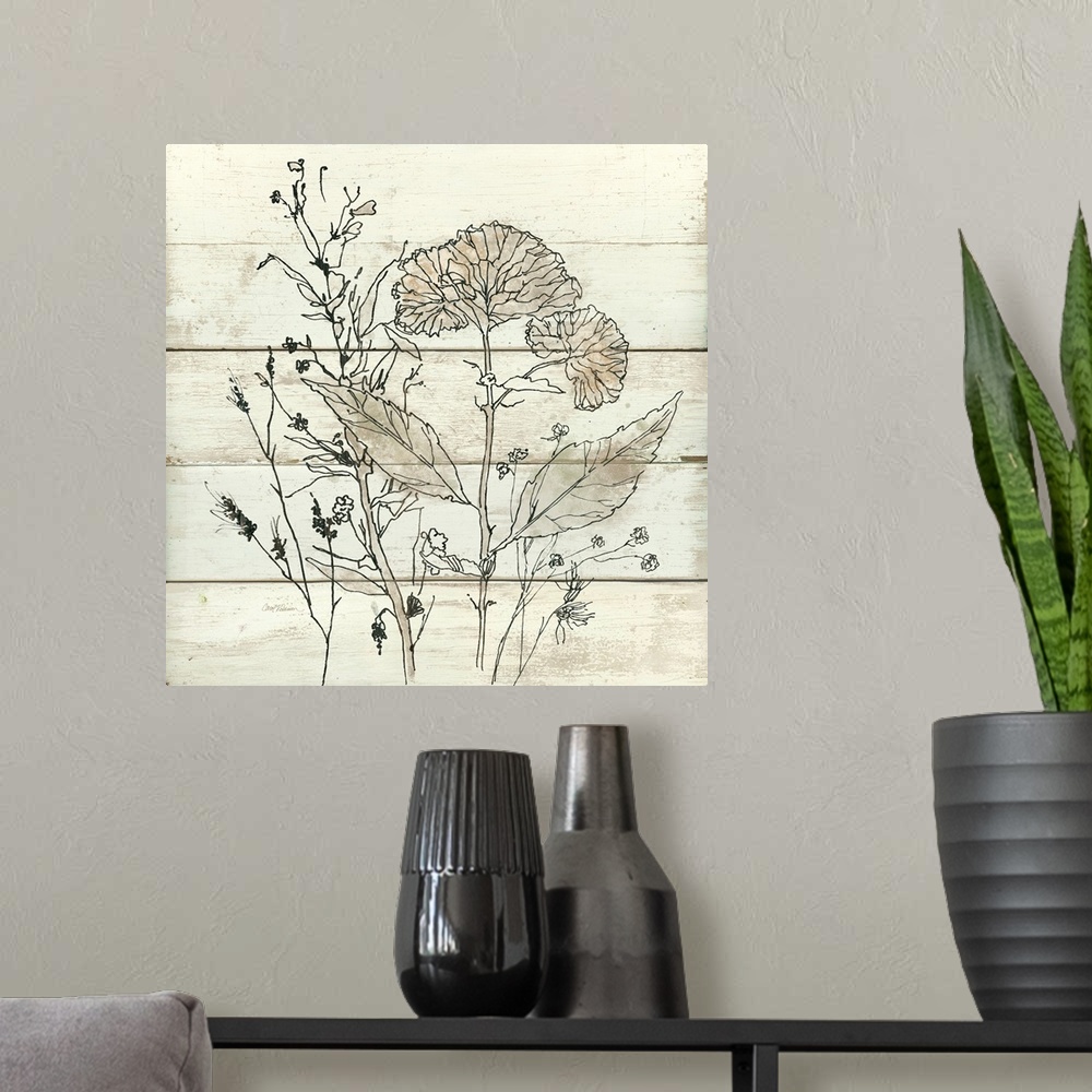 A modern room featuring Square illustration of dried flowers on a white wooden background.