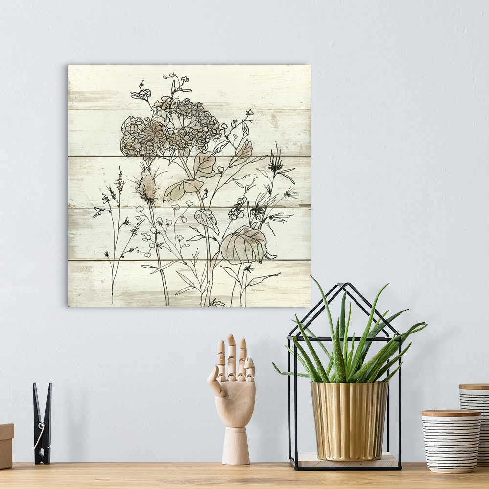 A bohemian room featuring Square illustration of dried flowers on a white wooden background.