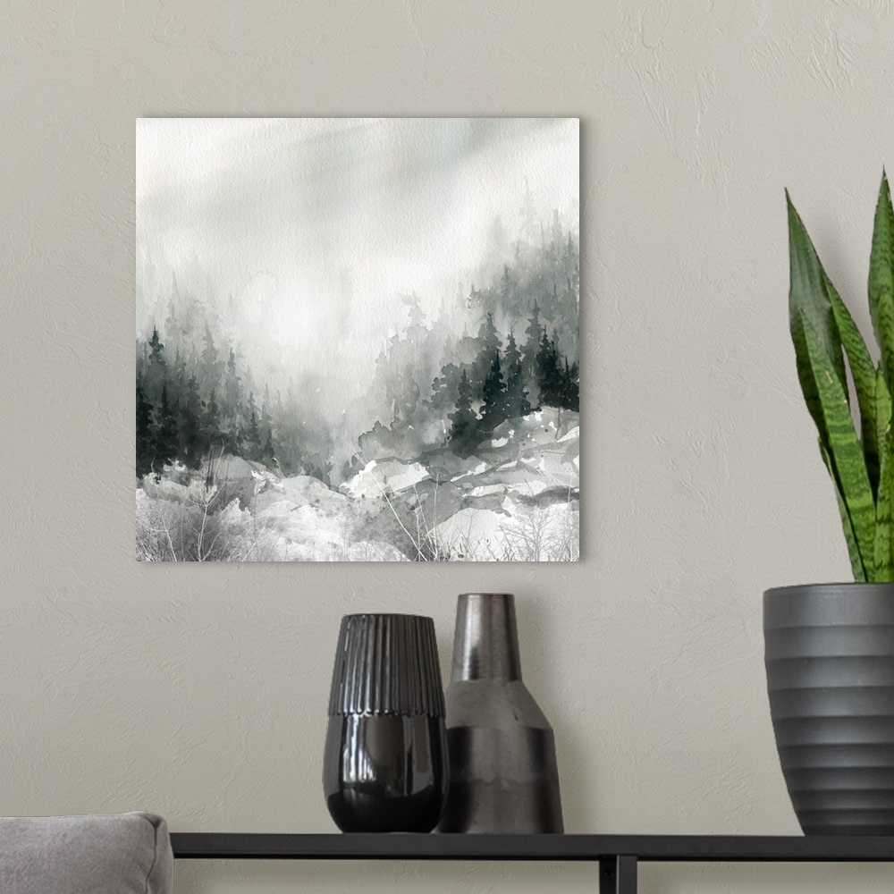A modern room featuring A square watercolor painting of a tree covered mountain scene.
