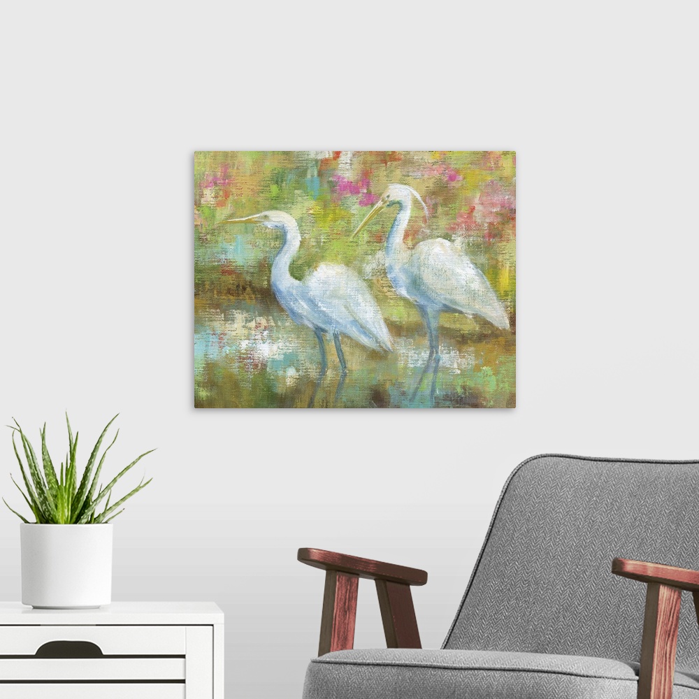 A modern room featuring Egret Tapestry