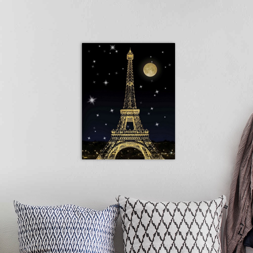 A bohemian room featuring Metallic gold Eiffel Tower with a dark blue night sky full of sparkling stars and a full moon.