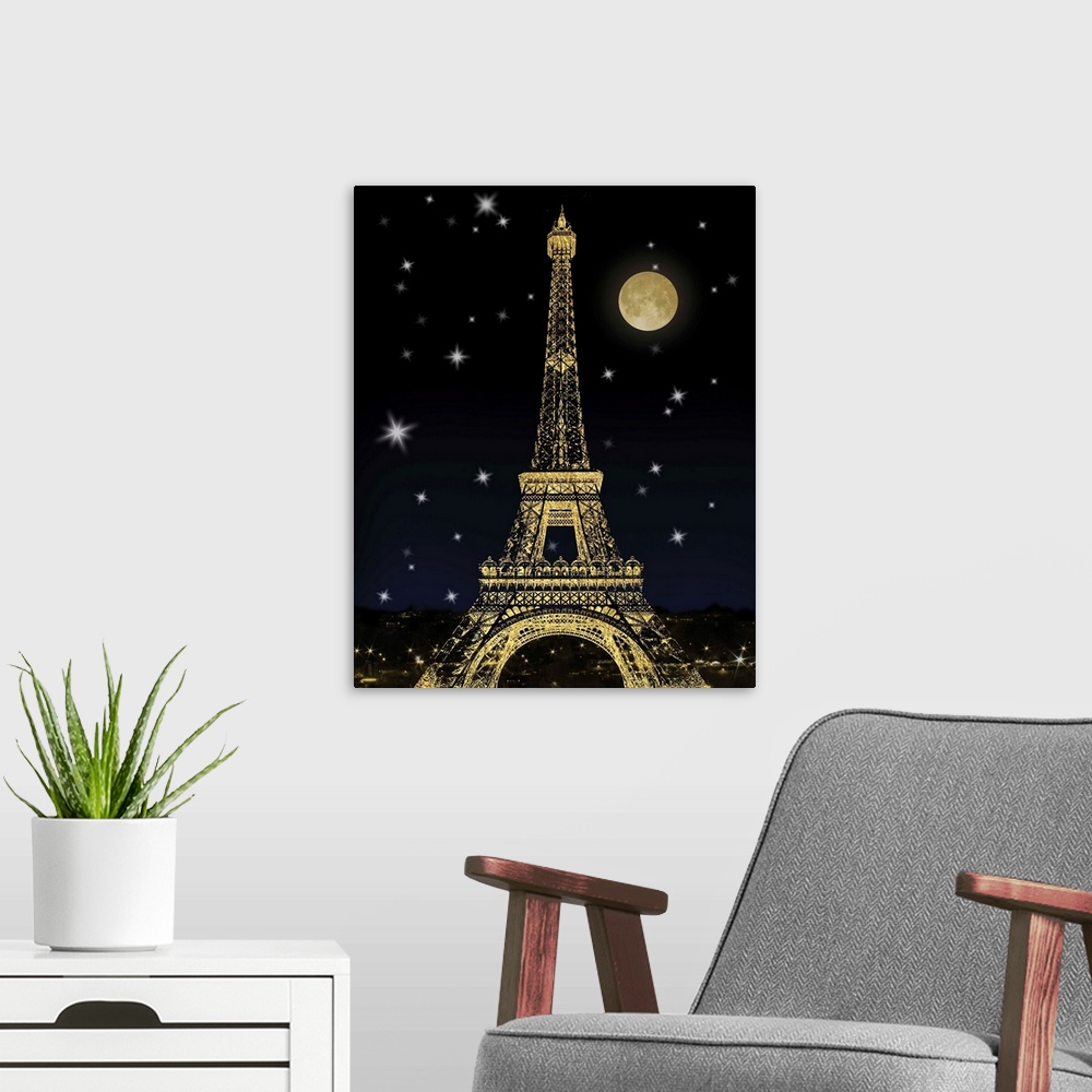 A modern room featuring Metallic gold Eiffel Tower with a dark blue night sky full of sparkling stars and a full moon.