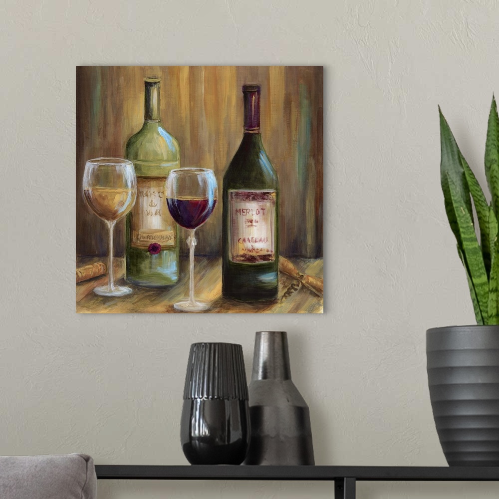 A modern room featuring Still life painting of two bottles of wine with glasses on a table.