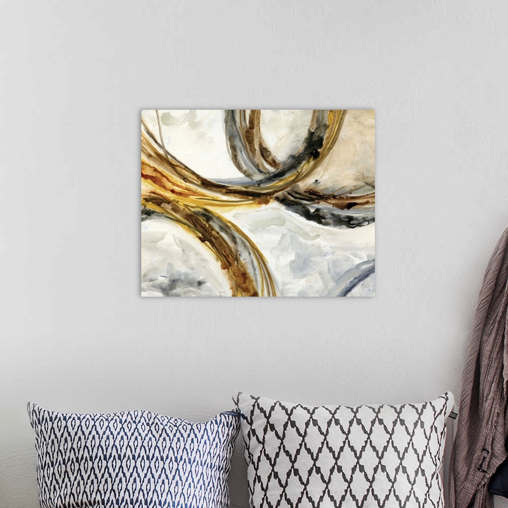 A bohemian room featuring Abstract watercolor painting with gold, black, and brown rings intertwining on a background made ...