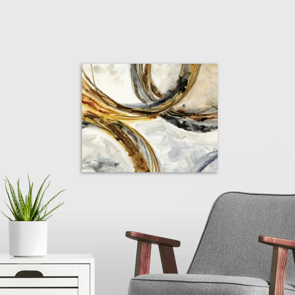 A modern room featuring Abstract watercolor painting with gold, black, and brown rings intertwining on a background made ...