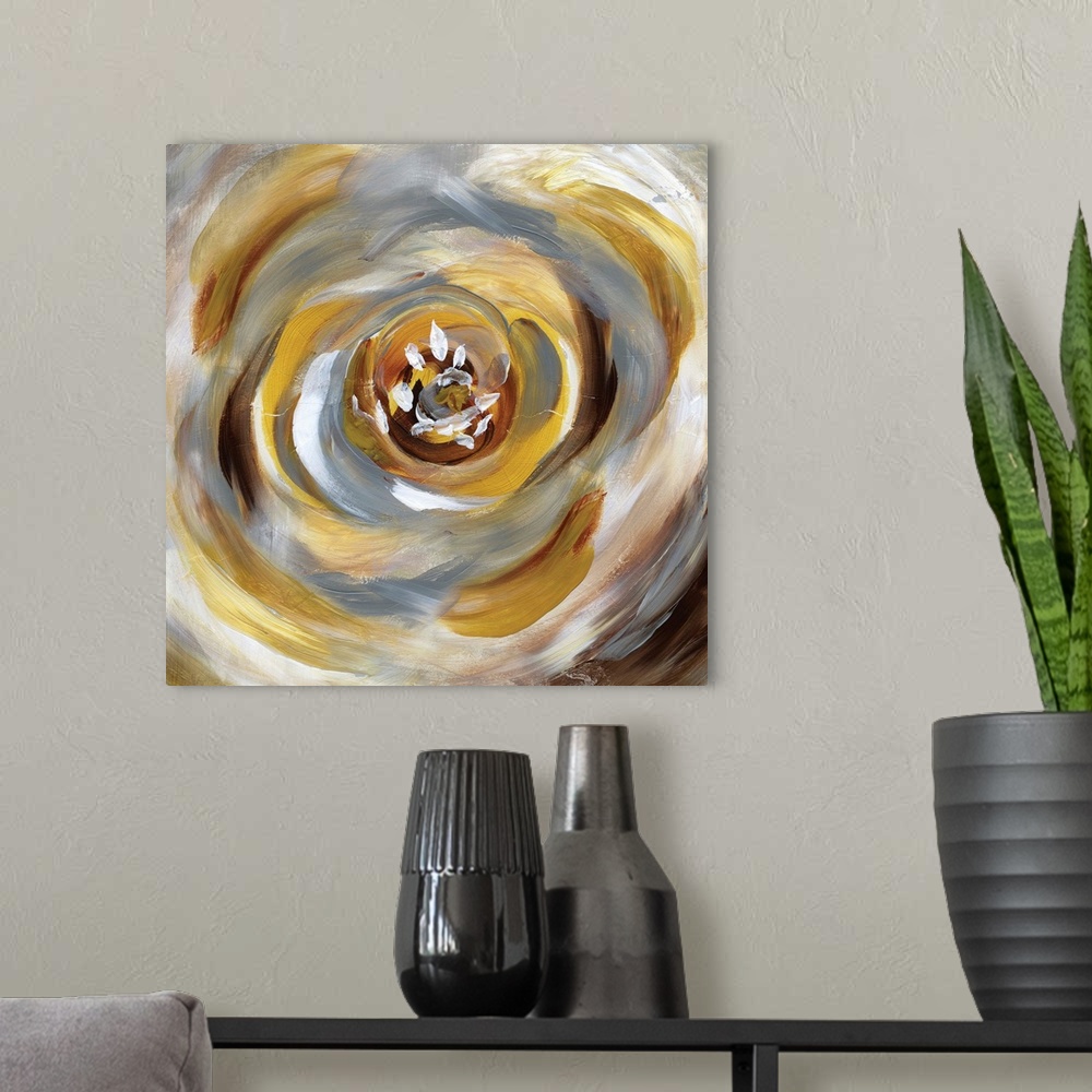 A modern room featuring Square painting of a large abstract flower consuming the entire canvas in gold, gray, white, and ...