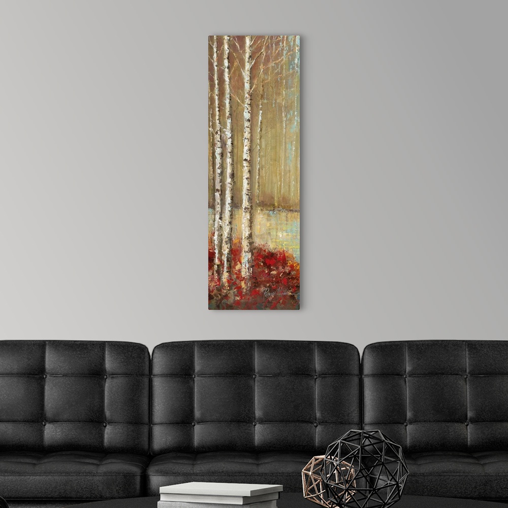 A modern room featuring Contemporary painting of a thicket of trees in autumn foliage beside a stream.