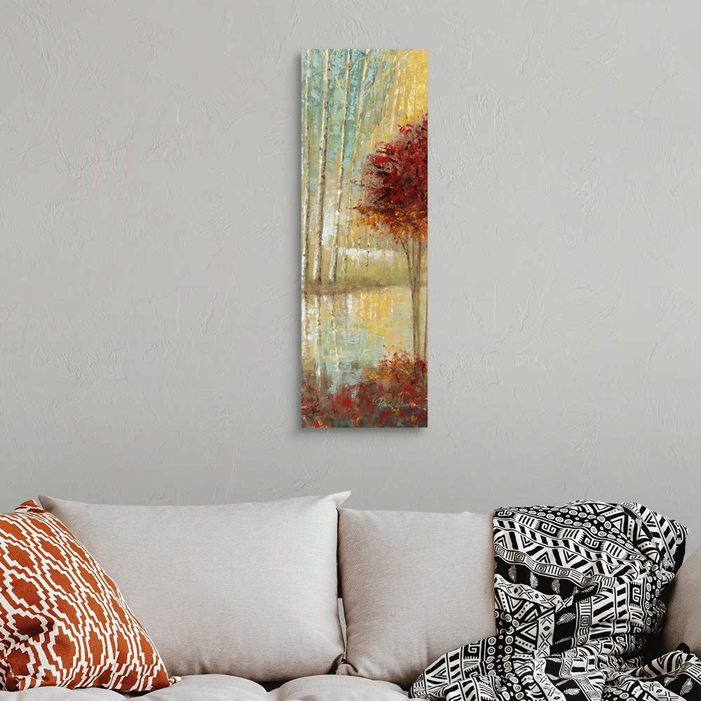 A bohemian room featuring Contemporary painting of a thicket of trees in autumn foliage beside a stream.