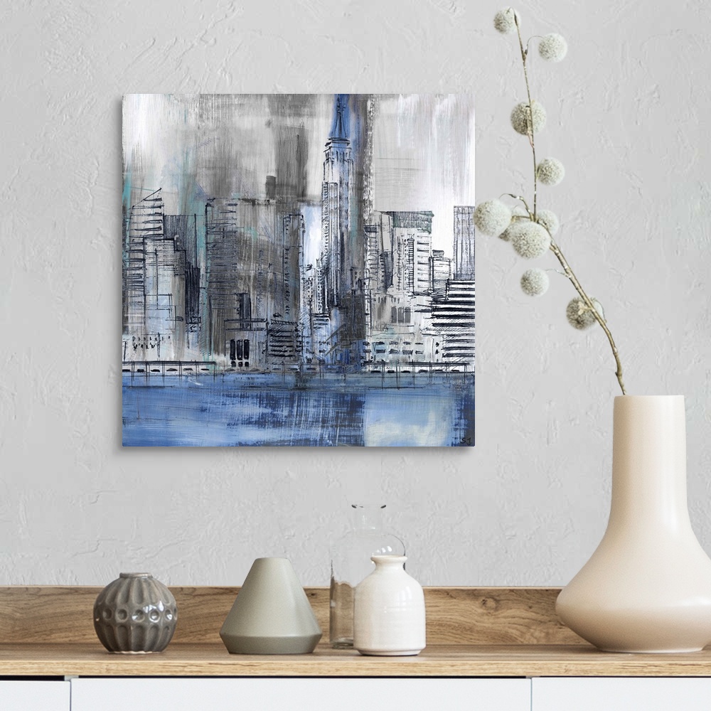 A farmhouse room featuring Square abstract painting of part of the New York City skyline, highlighting the Empire State Buil...